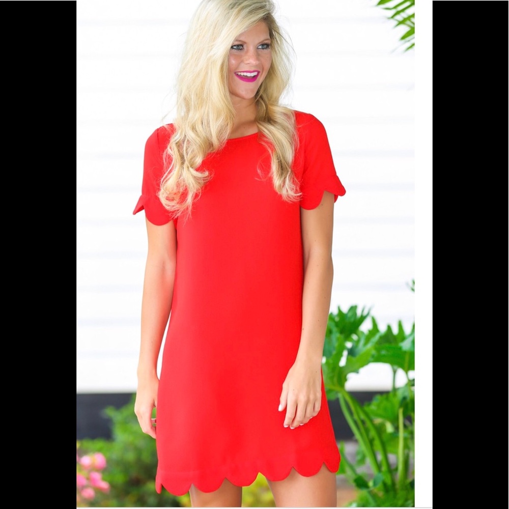 New Red Scalloped Shift Dress